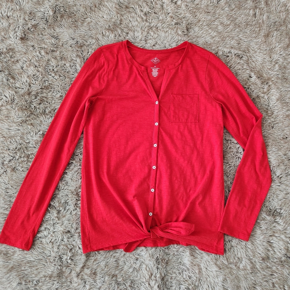 St John's Bay Long Sleeve Tie Waist Button Down Top Red Womens Size Small Tall